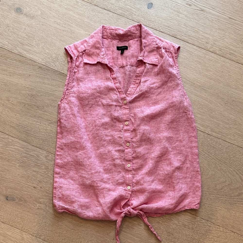 Talbots Pink Sleeveless Linen-Blend Button Front Tie Hem Cami
